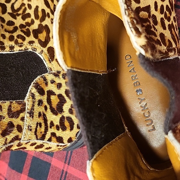 NWOT Lucky Brand Women Emali Tan Black Leopard Calf Hair Lug Sole Combat Boots - Picture 9 of 12